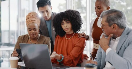 Team, business people and conversation with laptop, brainstorming for advertising campaign and office. Staff, teamwork and digital analysis for group project, sales growth and collaboration for goal