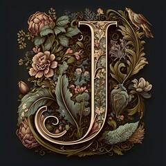 Letter J typography floral ornate created with AI - obrazy, fototapety, plakaty