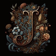 Letter J typography floral ornate created with AI