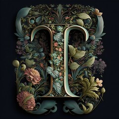 Letter T typography floral ornate created with AI - obrazy, fototapety, plakaty