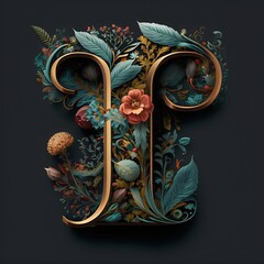 Letter T typography floral ornate created with AI - obrazy, fototapety, plakaty