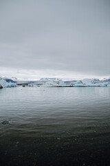 Many icebergs and ice floes in the glacial lagoon jökulsárlón in iceland, which has broken away from the glacier tongue breiðamerkurjökull. With a view of Hvannadalshnúkur in the background.