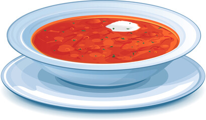 Plate with red borscht with sour cream, traditional Ukrainian dish isolated illustration