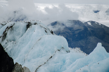 Fototapeta na wymiar A colony of seagulls sitting on an iceberg in the Jökulsárlón glacier lagoon in Iceland, which has broken away from the Breiðamerkurjökull glacier tongue. With a view of Hvannadalshnúkur