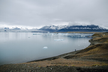 Many icebergs and ice floes in the glacial lagoon jökulsárlón in iceland, which has broken away from the glacier tongue breiðamerkurjökull. With a view of Vatnajökull in the background.