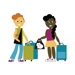 Two girls travel with his lovely pets, the white cat in a black carrier and the brown little dog in bag. They have a few colourful suitcases. They are smiling