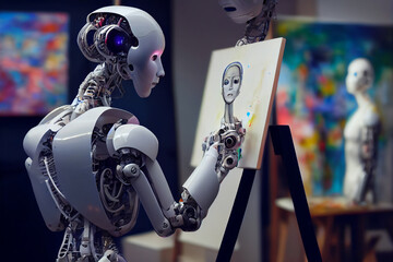 Humanoid robot artist painting a portrait on a canvas in an artist studio showing the concept of science and artificial intelligence technology, computer Generative AI stock illustration image - obrazy, fototapety, plakaty
