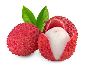 Fresh lychee with leaves isolated on white background. clipping path
