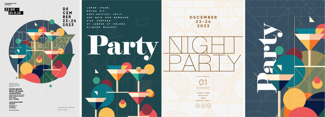 Cocktail Party. Nightclub. Typography design. Set of flat vector illustrations.  Poster, label, cover. - obrazy, fototapety, plakaty