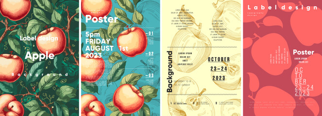Apples. Typography design. Set of flat vector illustrations. Vintage pattern, hand-drawn, minimalist background. Poster, label, cover.