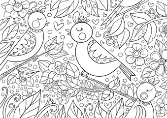 Nature outline illustration with birds for coloring page. Spring background. Coloring for kids and adults.