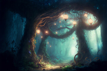 Fantasy forest scene AI Generative	