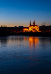 Fototapeta premium Cathedral, Church, Velehrad, night, lake