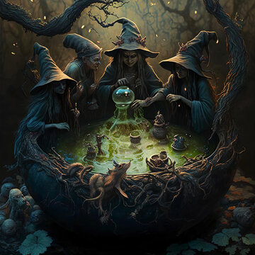 Four witches around a cauldron AI Generative	