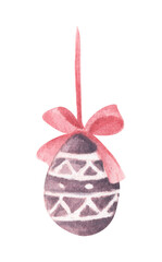Colored Easter Egg hanging on ribbon with bow. Watercolor illustration.