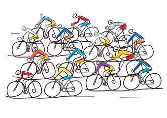 Cyclists peloton, cycling race, line art stylized. 
Illustration of group of cyclists on a road. Continuous Line Drawing. Vector available.