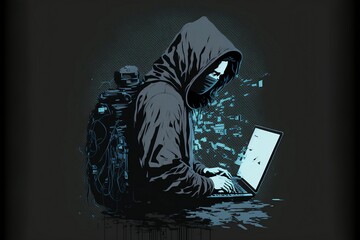 computer hacker wearing hoodie and backpack hacking computer laptop illustration