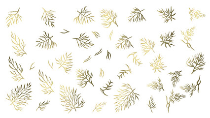 Set of golden branches and leaves for design elements for wedding, Christmas, New Year, birthday, cards, stickers, banners. Elements isolated on white background