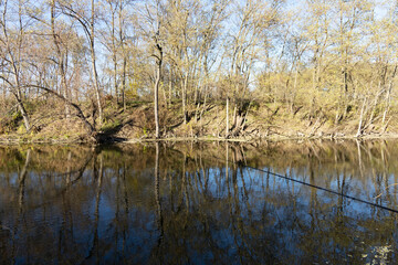 Autumn landscape with a river and trees.