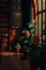 Fototapeta na wymiar Luxurious Library at Golden Hour Filled with Potted Plants Generative AI