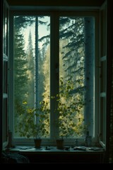window in the forest Aspen Grove Landscape View from Indoor Plant Pot on Window Sill