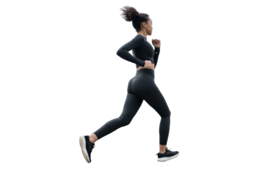 A young adult woman is running in sportswear and sneakers, isolated transparent background.