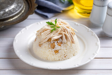 Traditional delicious Turkish food; Rice with chickpeas and chicken (Turkish name; Tavuklu nohutlu pilav or pilaf)