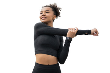 A young adult female gymnast in sportswear uses a fitness watch, isolated transparent background.