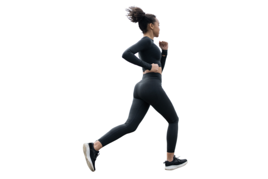 A young adult woman is running in sportswear and sneakers, isolated transparent background.
