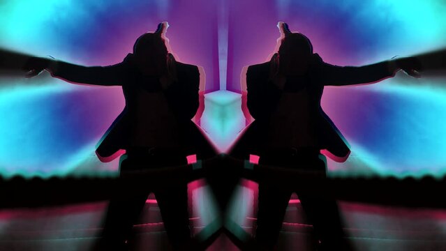 psychedelic double shot with boxing man on ring, collage in neon lights, dream and fantasy