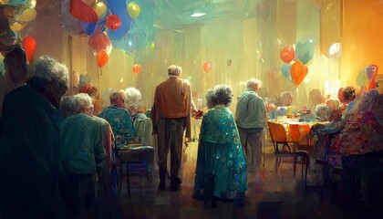 Happy birthday party at the retirement home with full of joyfull people desing illustration