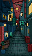 Obraz premium An evening Asian street with lanterns