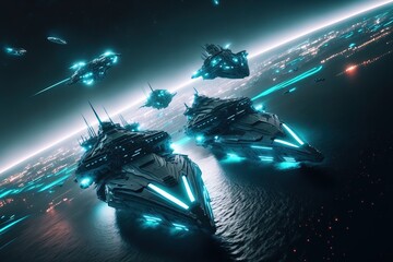 Fototapeta na wymiar spaceship battle. in a futuristic scene. Sci-fi. Movie scenery. Movie concept. Illustration. Generative AI