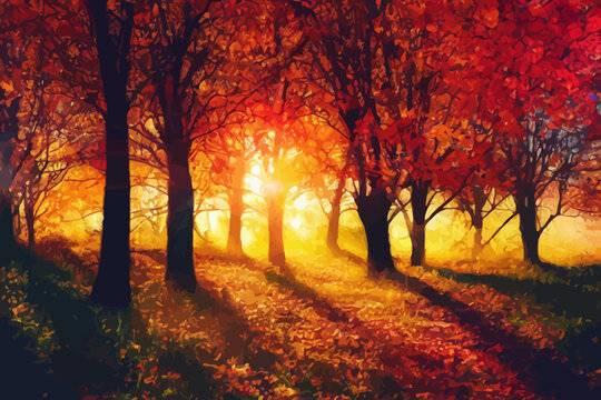 idyllic autumn landscape with sun beams on colorful leaves