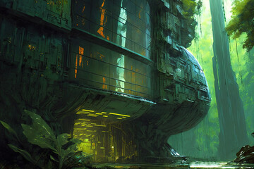 Futuristic Space Complex in a Swamp, Concept Art, Digital Illustration