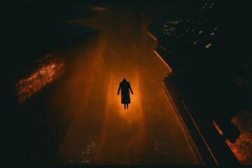 silhouette of a man in front of a skyscraper. Movie scenery. Movie concept. Illustration. Generative AI 
