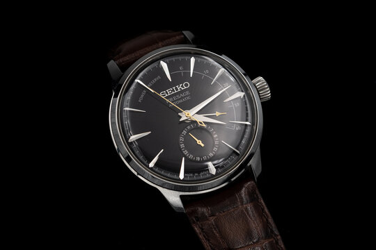 Bangkok, Thailand - 31 December, 2022: Close up shot of Seiko Automatic Presage SSA393 with brown leather.
