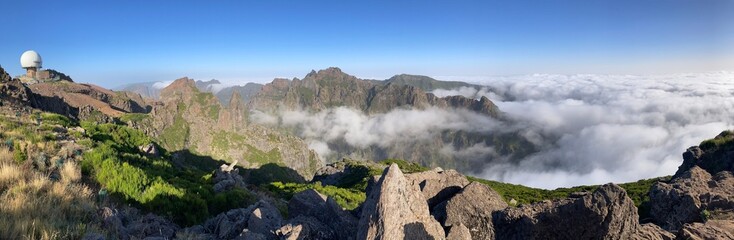 Panoramic view to foggy mountains, Pico do Arieiro, Madeira island, Portugal.