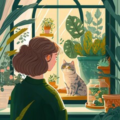 Scottish fold cute cat and its owner in house near window. Young female takes care of her cat at home with green nature garden where is outside. Generative AI