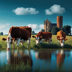 Cows grazing in a field, in the countryside of Normandy. Generative AI - obrazy, fototapety, plakaty