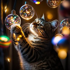 The cat play with Christmas lights and a glass Christmas ornaments. Generative AI