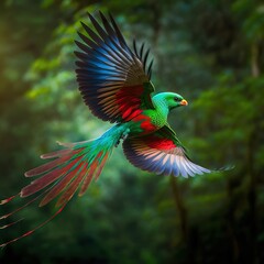 Flying Resplendent Quetzal, Pharomachrus mocinno, Savegre in Costa Rica, with green forest in background. Generative AI
