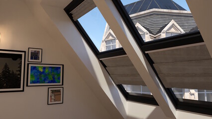 Fototapeta premium オンラインミーティング用背景 テレビ会議背景用 ZOOM会議背景用 CG 部屋 本棚 書斎 窓 パリ ヨーロッパの街並み 窓からパリ ヨーロッパの街並みが見える ロフト for using in video conference and as a zoom background.