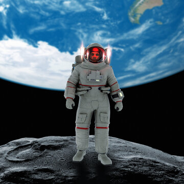Astronaut standing on a meteor in Earth orbit, illustration