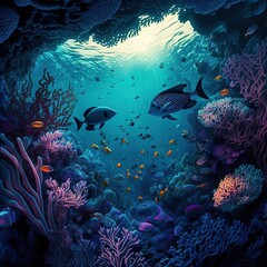 Fototapeta na wymiar Underwater view of the coral reef. Life in the ocean. Generative AI