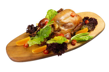 Cooked duck on a wooden board. transparent