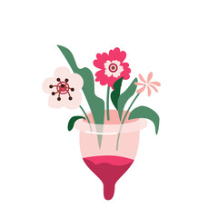Menstrual cup with flowers and leaves vector illustration in simple