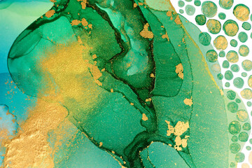 Green and Gold Marble Artwork Pattern with Round Drops