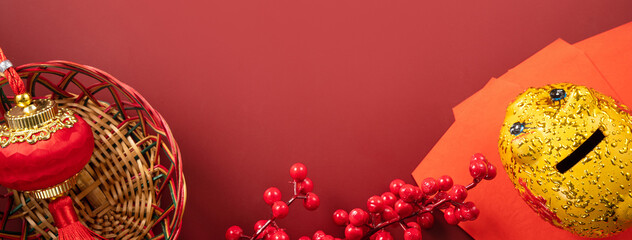 Chinese lunar new year background design concept with red envelope and festive decorations, the Chinese word means blessing.