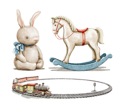 Watercolor vintage set with cute toy rocking horse animal, children's railway with train and plush rabbit isolated on white background. Hand drawn illustration sketch